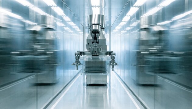 Front view of a singlearm automated robot transporting silicon wafer cassettes in a sterile cleanroom corridor with smooth precision movements.