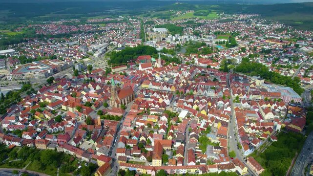Aerial view of the old town beside the city Neumarkt on a cloudy day in spring