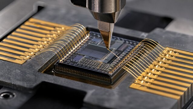 Focused view of wire bonding assembly with wedge bonding method using fine wires attaching microchips to carrier leads emphasizing industrial precision and technology.