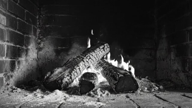 Cozy Black and White Fireplace with Burning Logs and Flames, Interior Home Scene