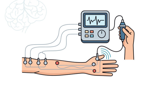 Nerve conduction study on human arm with EMG machine and electrodes