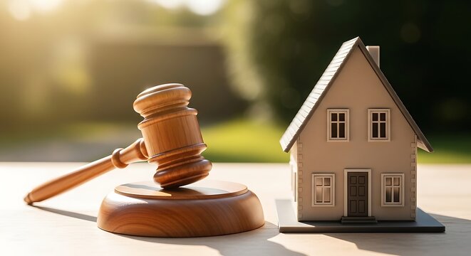 Gavel and house model symbolizing real estate law and property auction decisions