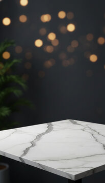 White marble table surface with grey veining, set against a dark background with soft, out-of-focus golden lights, suggesting a festive or elegant atmosphere.