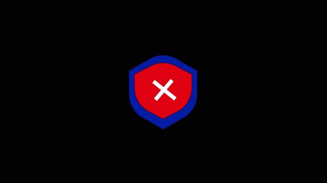 Security shield animation with cross mark. Security shield red digital protection. Security shield cybersecurity technology graphic on black background.