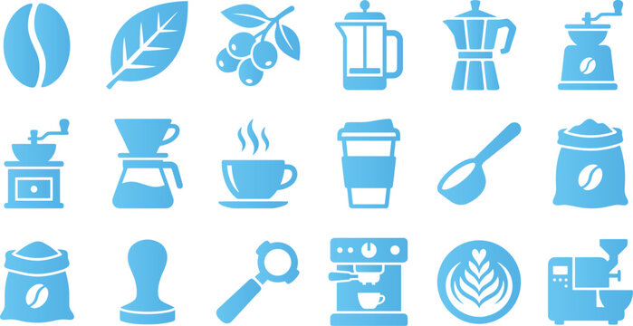 Blue coffee icons for cafe and coffee shop design and branding.