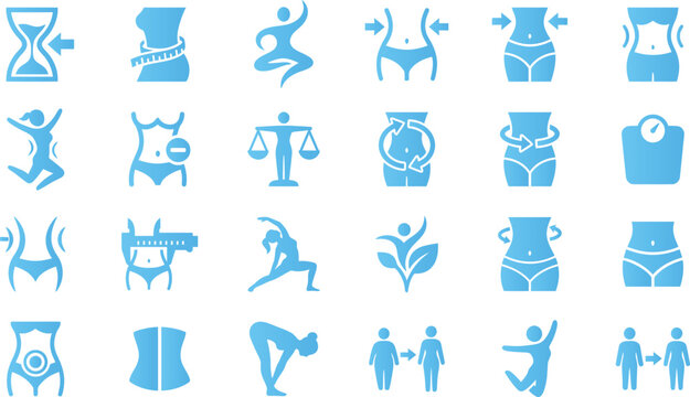 Blue weight loss icons for fitness and health program design.