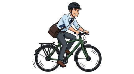 Fototapeta premium Green bicycle with brown bag on rear rack moves right on a clean white background