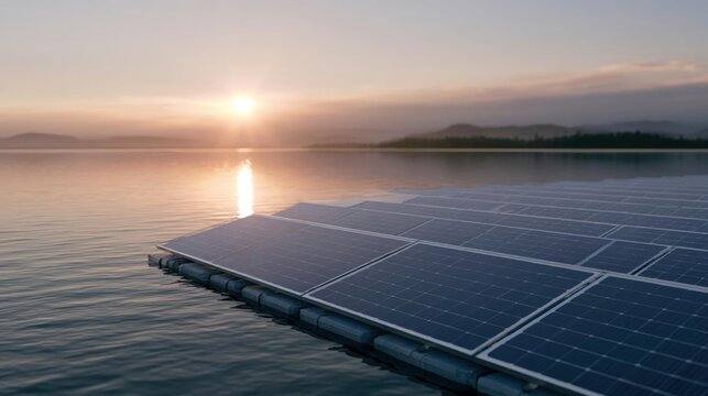 Row of solar panels floating on the surface of a body of water. the panels are arranged in a neat row and are facing towards the right side of the image.