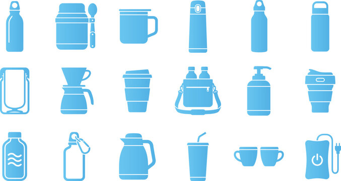 Drinkware icons set, beverage container liquid bottle mug thermos cup vector illustration.