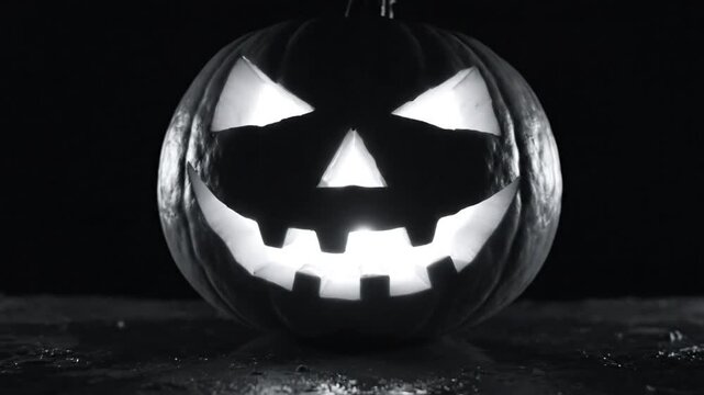 Spooky carved Jack O Lantern with menacing glowing face with ominous smoke effect for Halloween night celebrations