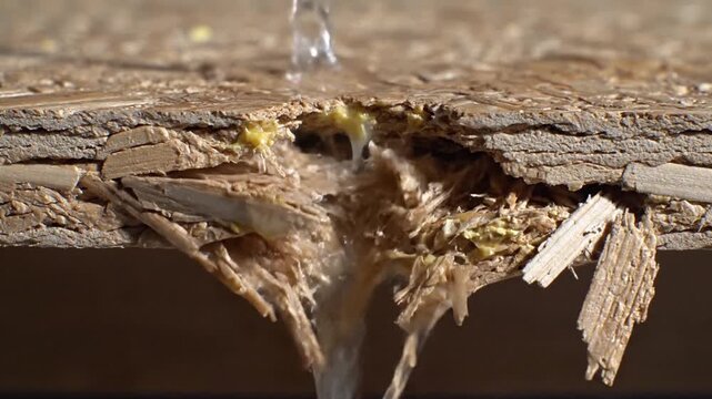 Natural Wood Splitting and Shavings Revealing Moisture and Fibers in Damaged Plank