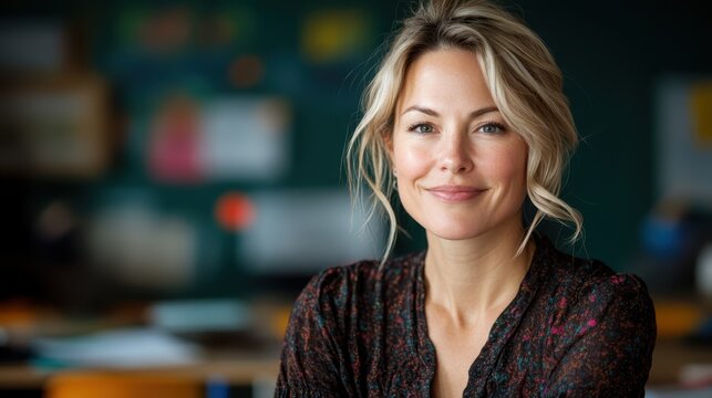 A confident and engaging woman with a bright smile poses in a classroom setting, embodying inspiration, teaching, and empowerment for students during learning.