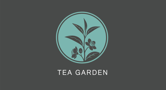 Elegant Tea Garden Logo with Botanical Illustration.