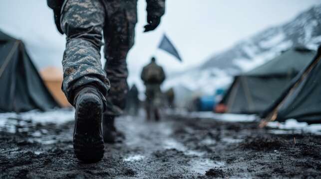 A soldier navigating through a muddy camp amidst a rainy setting, illustrating themes of perseverance, resilience, and the stark reality of military life during adverse conditions.