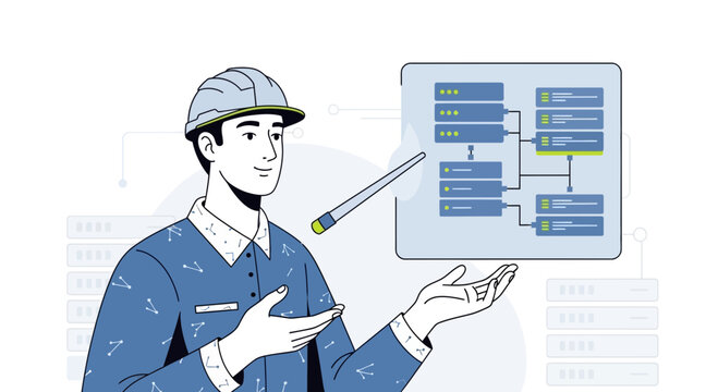 IT professional demonstrating database structure diagram with servers