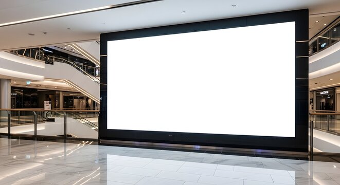 A large blank white billboard screen in a modern shopping mall with escalators and retail stores in the background, ready for advertising.