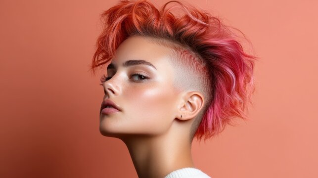 A striking portrait of a model showcasing vibrant pink hair and an edgy undercut against a soft coral background, capturing modern beauty and self-expression.