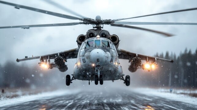 A powerful military helicopter lifts off in a snowy environment, showcasing its impressive engineering and dramatic action, set against a foggy backdrop.