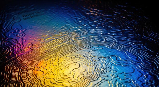 Close up view of a highly polished metallic surface showing intense reflection and deep texture variations under bright lighting conditions, material, pristine, gleaming