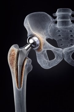Hip prosthesis implanted in proximal femur, showing hemiarthroplasty with metallic femoral head and stem, anatomical bone structure with cortical and cancellous layers, generative ai illustration