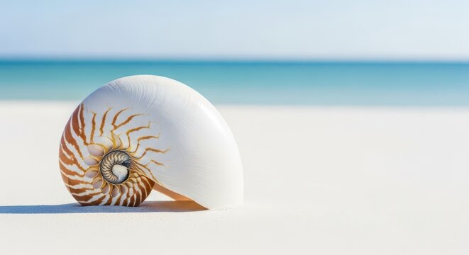 Elegant nautilus shell resting on pristine white sand, celebrating the mathematics of nature during a relaxing and sunny seaside summer holiday, pattern, relaxation, shoreline