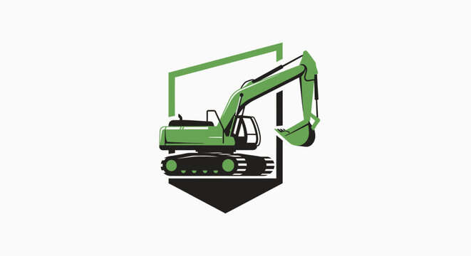 Green Excavator Machine Logo Design Construction Industry.