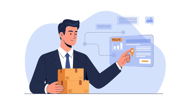 Manager with packages and digital logistics interface