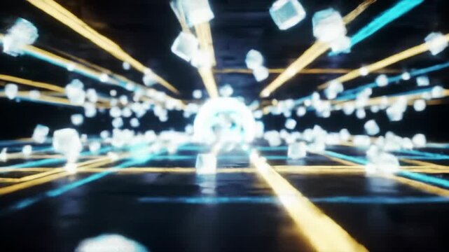 Expansive luminous 3D digital network, glowing pathways, geometric nodes, swift crystalline data packets converging on a pulsating core, soft volumetric glows, shallow depth of field. Concept of