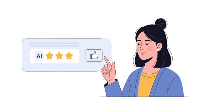 Person giving AI a positive review with stars and like button, feedback concept