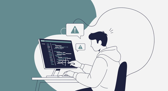 Programmer with Computer Error Alerts, Coding Danger Symbol