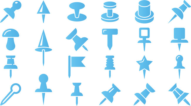 Collection of blue stationery pins icons, graphic symbols for office and design needs, flat style.
