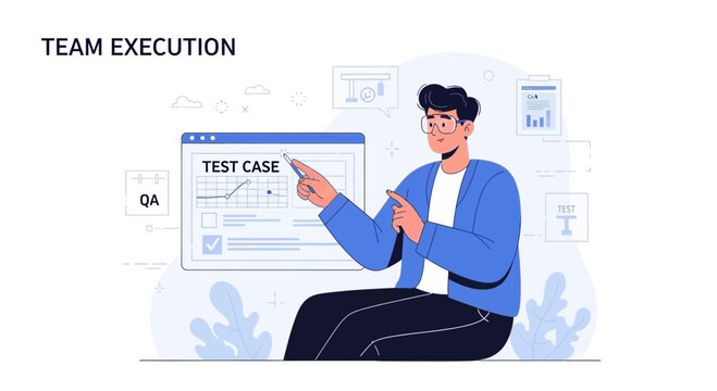 Team Execution Concept: Man Presenting Test Case Data, QA Process Illustration