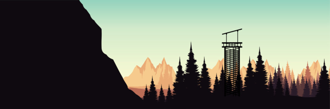 Flat vector nature background with cliff and forest watchtower silhouette