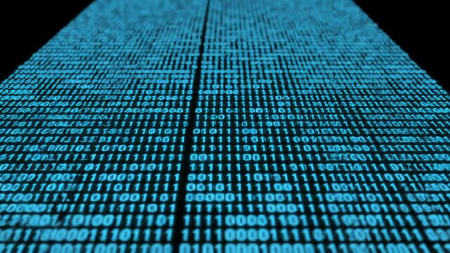 Extreme close-up video of a rapidly flowing, luminous, vibrant blue digital data stream with binary code and hexadecimal symbols scrolling upwards against a pure black background, creating an