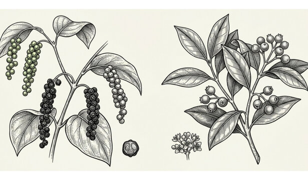 Hand drawn black pepper and allspice herbs vintage engraved vector sketch isolated on white background