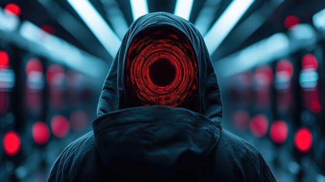 A striking image of a cloaked figure with a dark void for a face, surrounded by blue and red lights, creating a sense of intrigue and suspense in a cyberpunk environment.