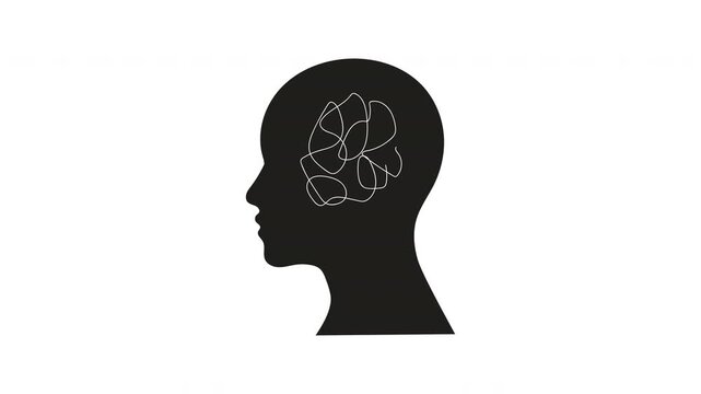 Silhouette Head With Tangled Lines Representing Mental Health, Anxiety, Stress And Confusion