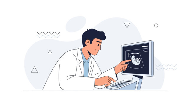 Doctor analyzes ultrasound scan of baby on screen at clinic