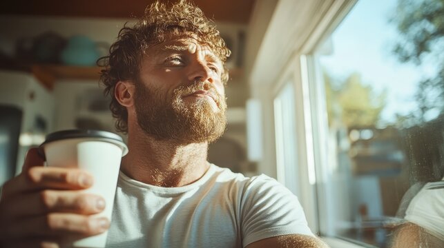 A bearded man gazes thoughtfully out the window while holding a coffee cup, embodying moments of reflection and tranquility amidst daily life.