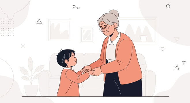 Grandmother and Grandchild Holding Hands, Affectionate Family Bonding, Gentle Indoor Scene.