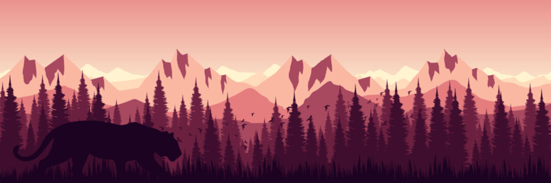 Peaceful evening wilderness landscape background with stealthy big cat and warm pastel sunset
