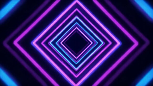 Futuristic, abstract motion graphic video with vibrant purple, electric blue, and cyan neon rhombus patterns expanding on a dark void, enhanced by a slow dolly push-in and dramatic chiaroscuro