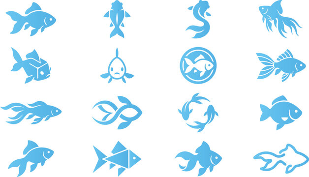 Collection of various blue fish icons in different poses and styles.