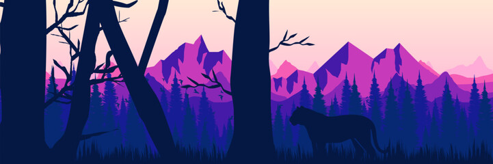 Calm mountain horizon presentation background featuring a wild cat and layered purple sunset sky © FahrizalNurMuhammad