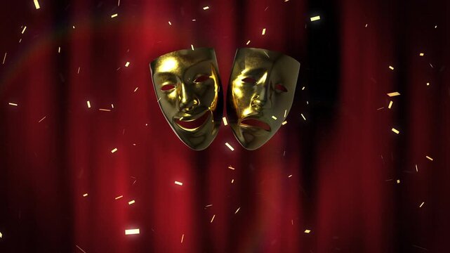 A grand cinematic loop featuring golden comedy and tragedy masks against a red velvet curtain background with falling gold confetti and shimmering lens flares