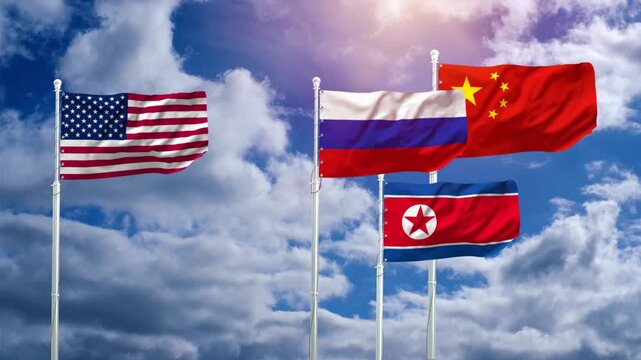 USA, China, Russia, and North Korea Flags Waving Animation Against Sky Background