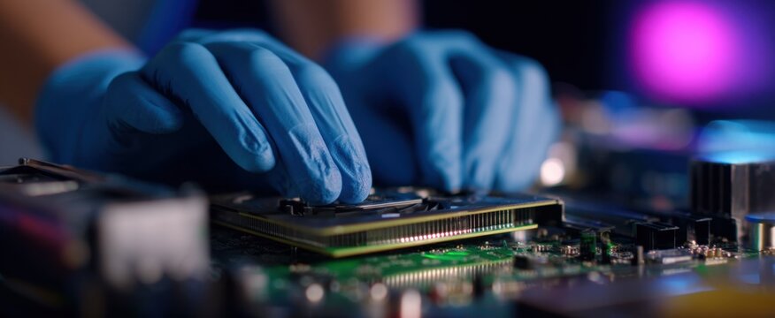 The technician skillfully inserts the GPU into the motherboard feeling a rush of accomplishment.