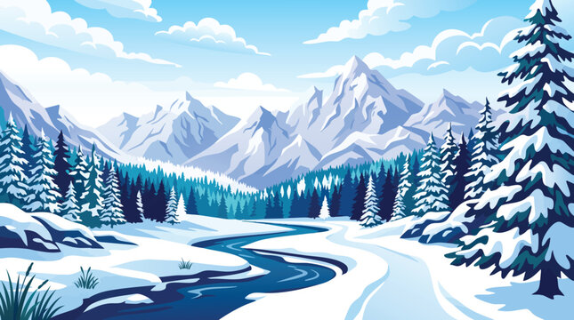 Winter mountain landscape with snow covered trees and winding river