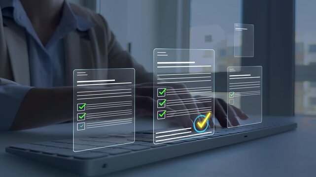 Digital validation, certification and feedback management for corporate workflow systems.Quality assurance and approval process concept with checklist, checkmark and business documents. 