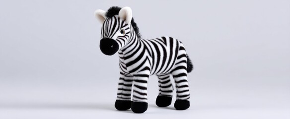 Obraz premium Charming zebra plush toy featuring striking black stripes on a clean white background for decor